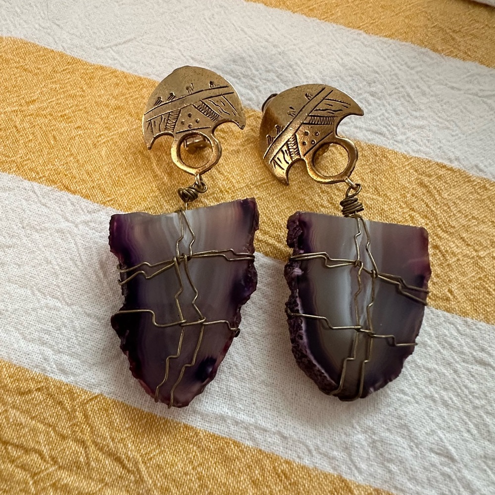 Handmade  Purple Agate Gold Plated clip Earrings
